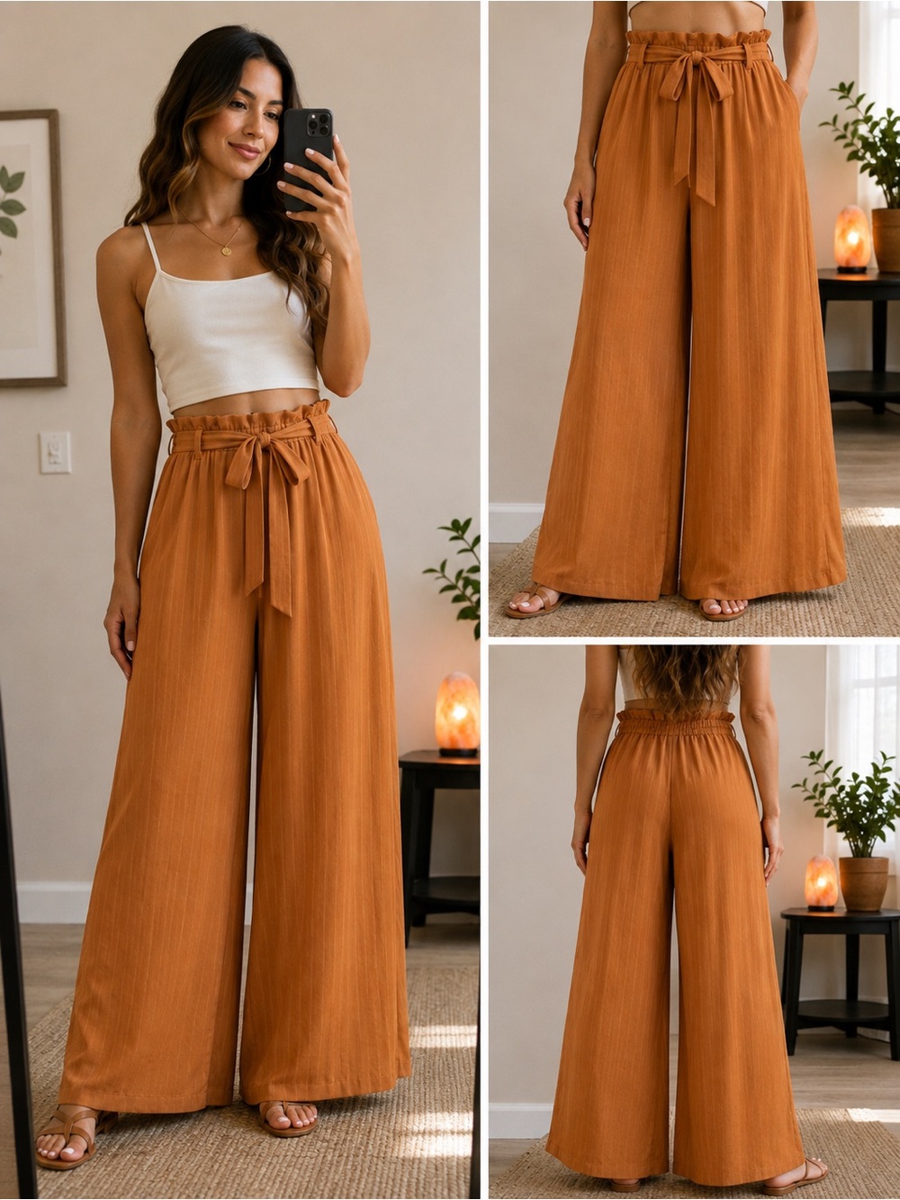 SHEIN Rust High-Waist Paperbag Wide-Leg Pants with Tie